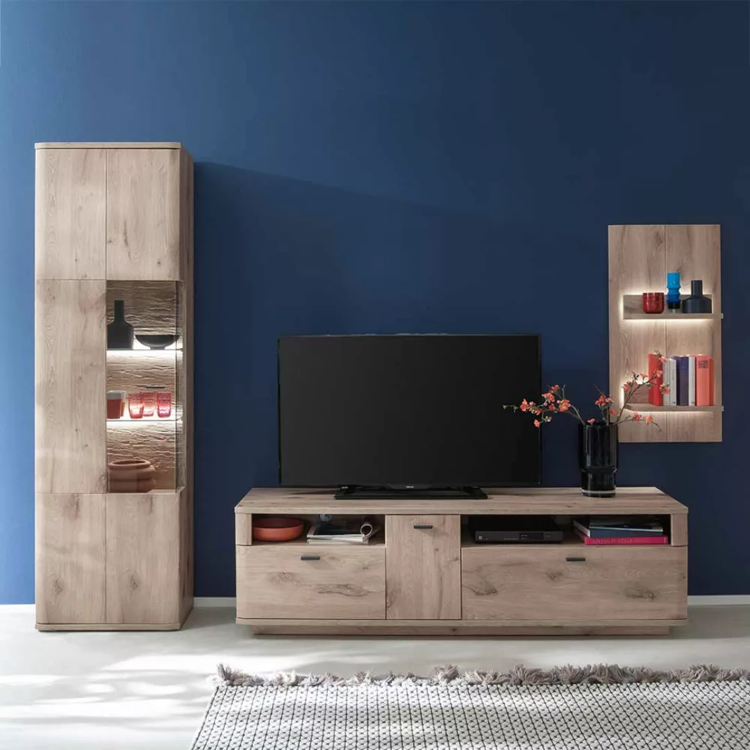 Moderne Wohnwand in Wildeiche Holzoptik 240 cm breit (dreiteilig) günstig online kaufen
