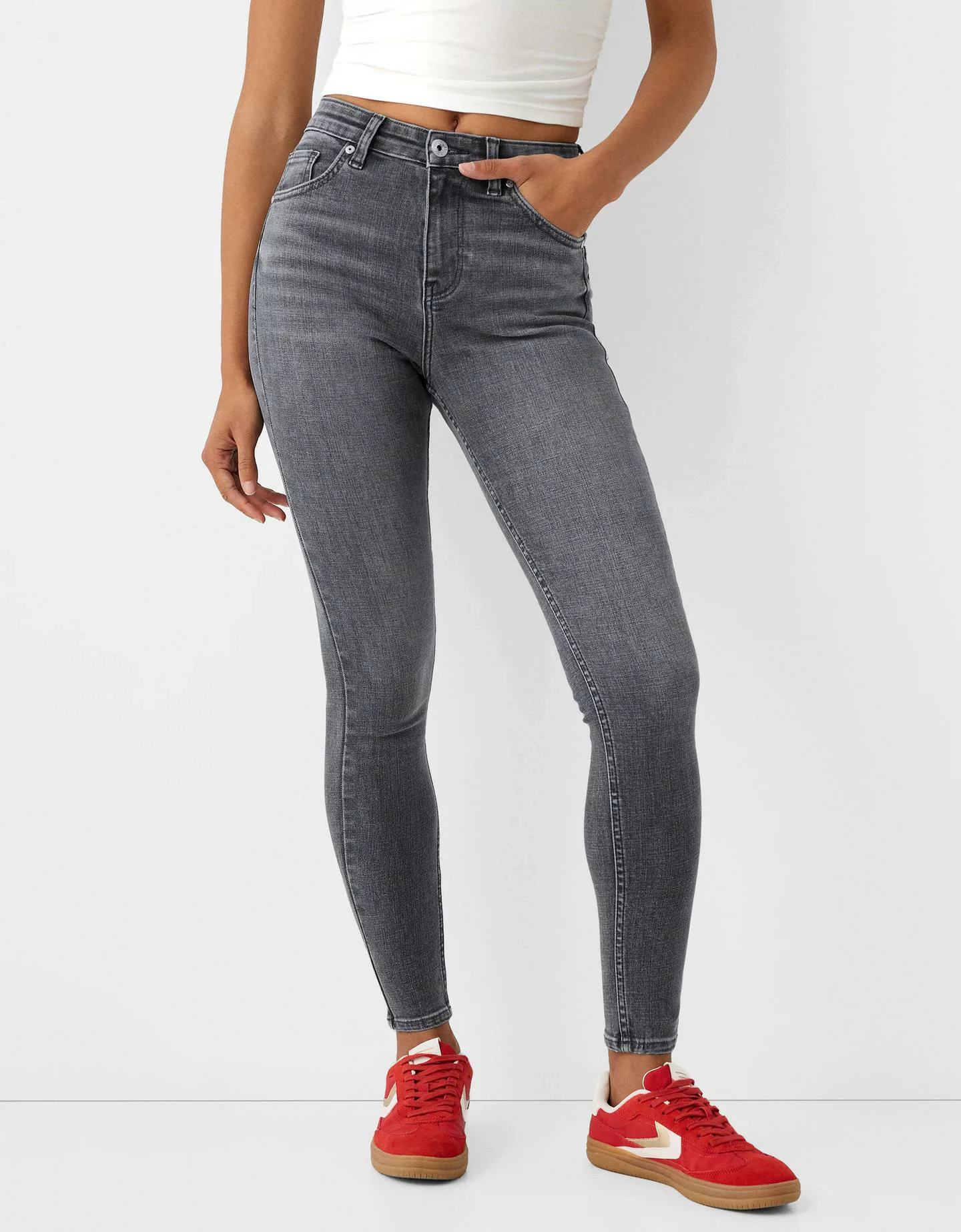 Bershka Skinny-Jeans Mit Sehr Hohem Bund Damen 38 Dunkelgrau günstig online kaufen