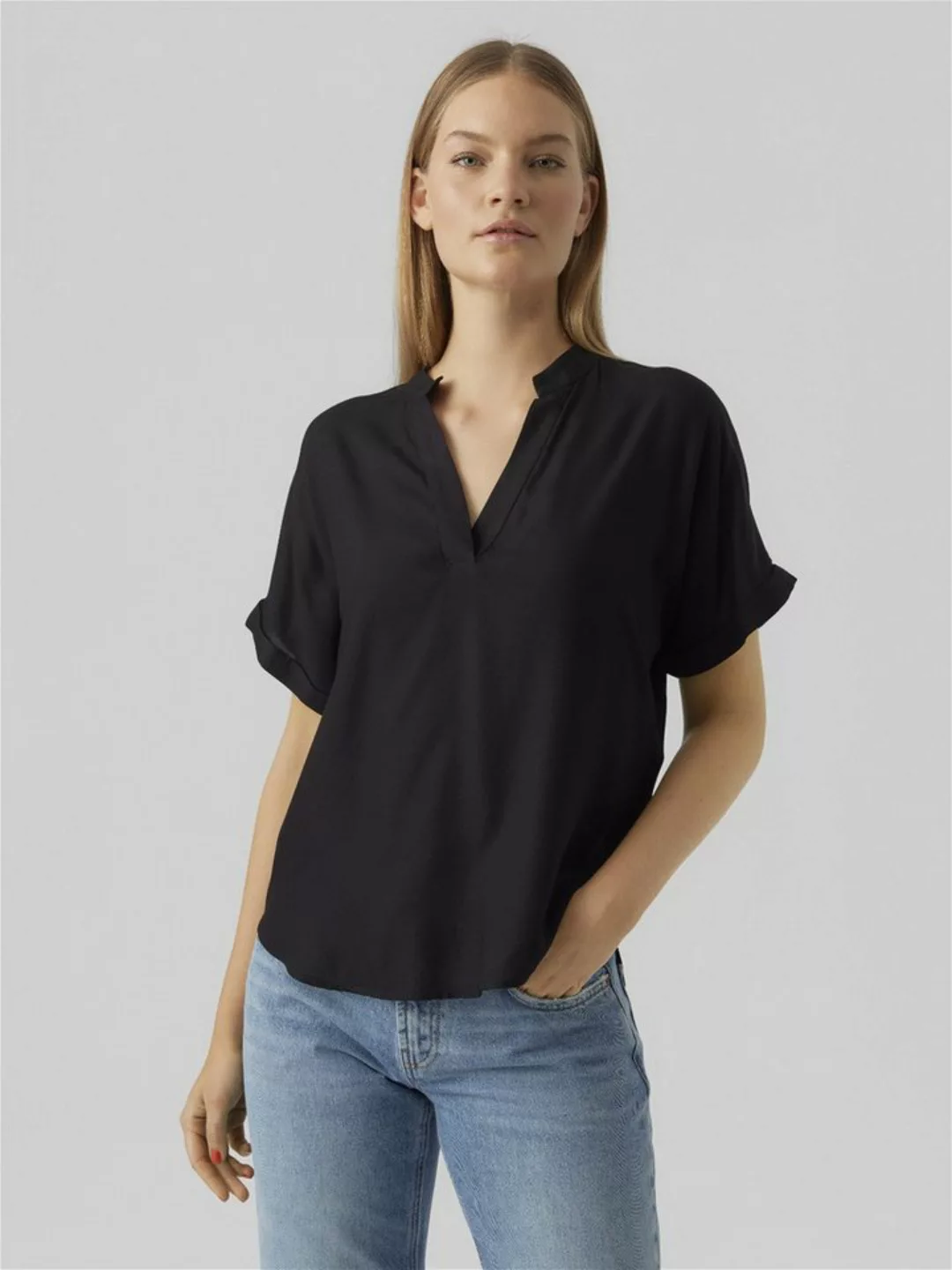 Vero Moda Blusenshirt Top Casual Splitneck Bluse 7464 in Schwarz günstig online kaufen