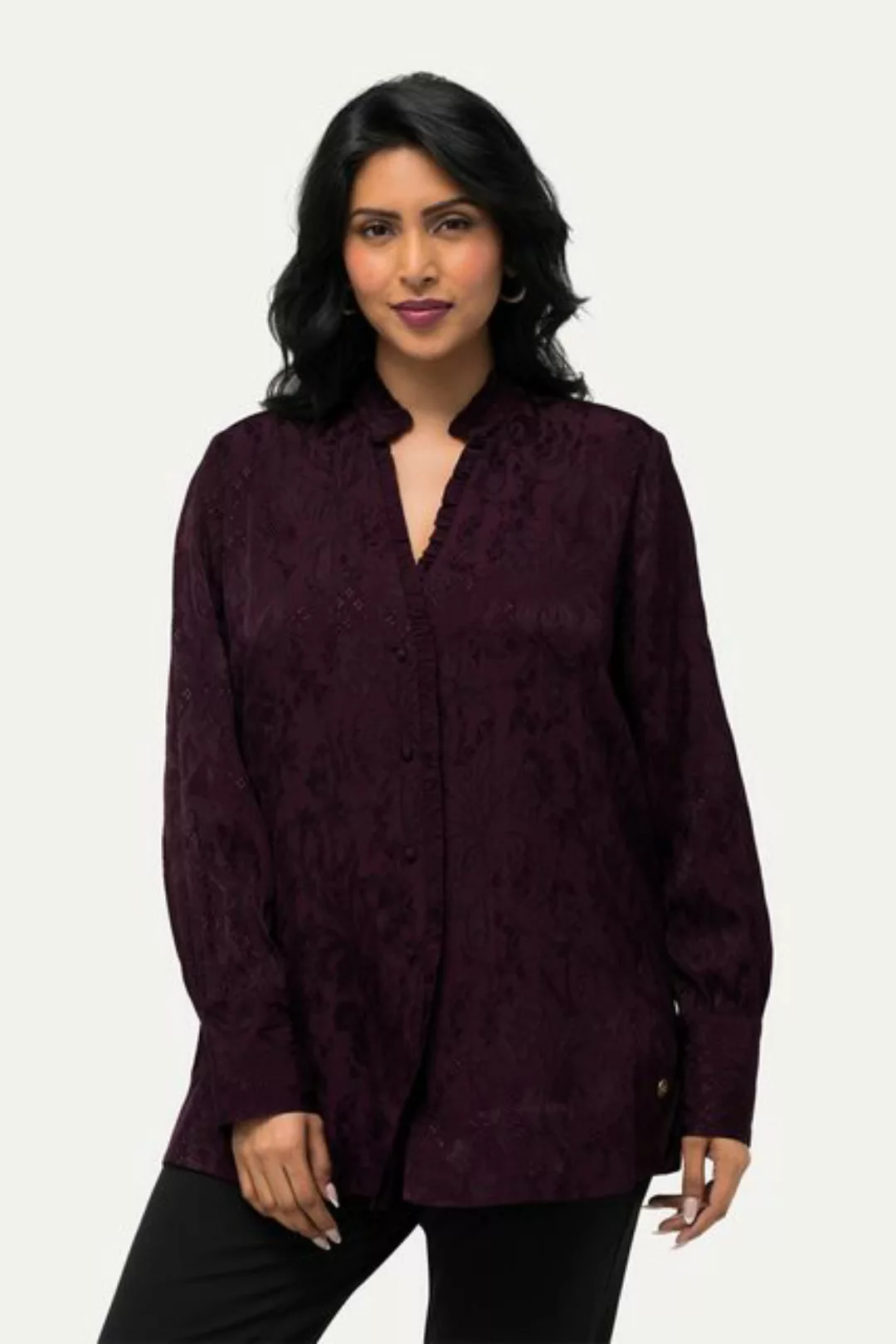 Ulla Popken Satinbluse Bluse Jacquard Rüschen V-Ausschnitt Langarm günstig online kaufen