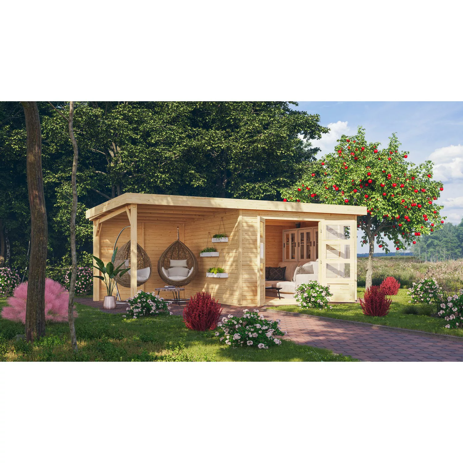 Karibu Gartenhaus/Gerätehaus Sölve 6 Naturbelassen 302 x 306 cm mit Anbauda günstig online kaufen