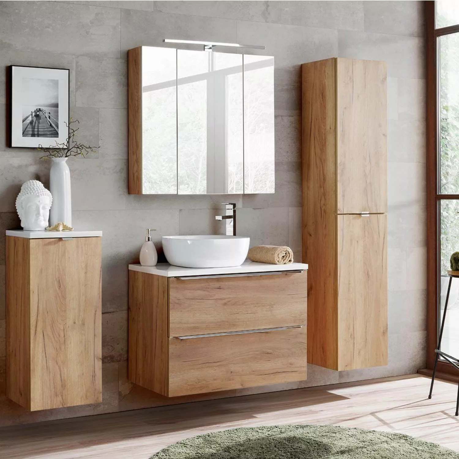 Badezimmermöbel Set mit Wäscheschrank TOSKANA-56 Wotaneiche & weiß Hochglan günstig online kaufen
