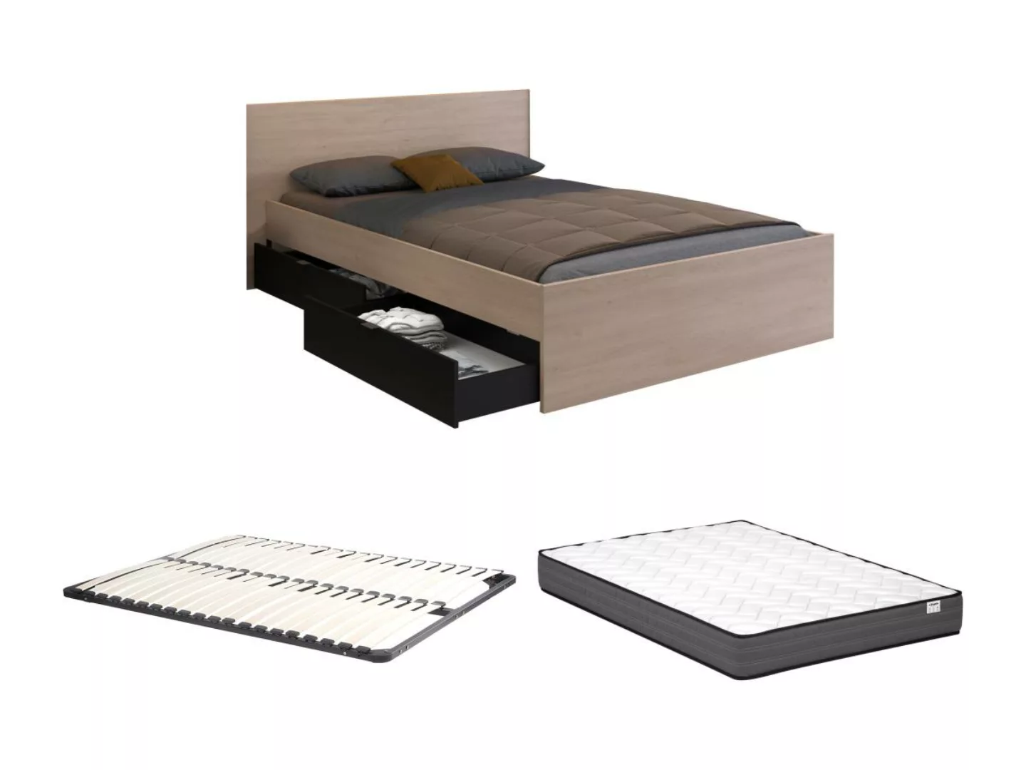 Bett mit 2 Schubladen + Lattenrost + Matratze - 160 x 200 cm - Holzfarben & günstig online kaufen