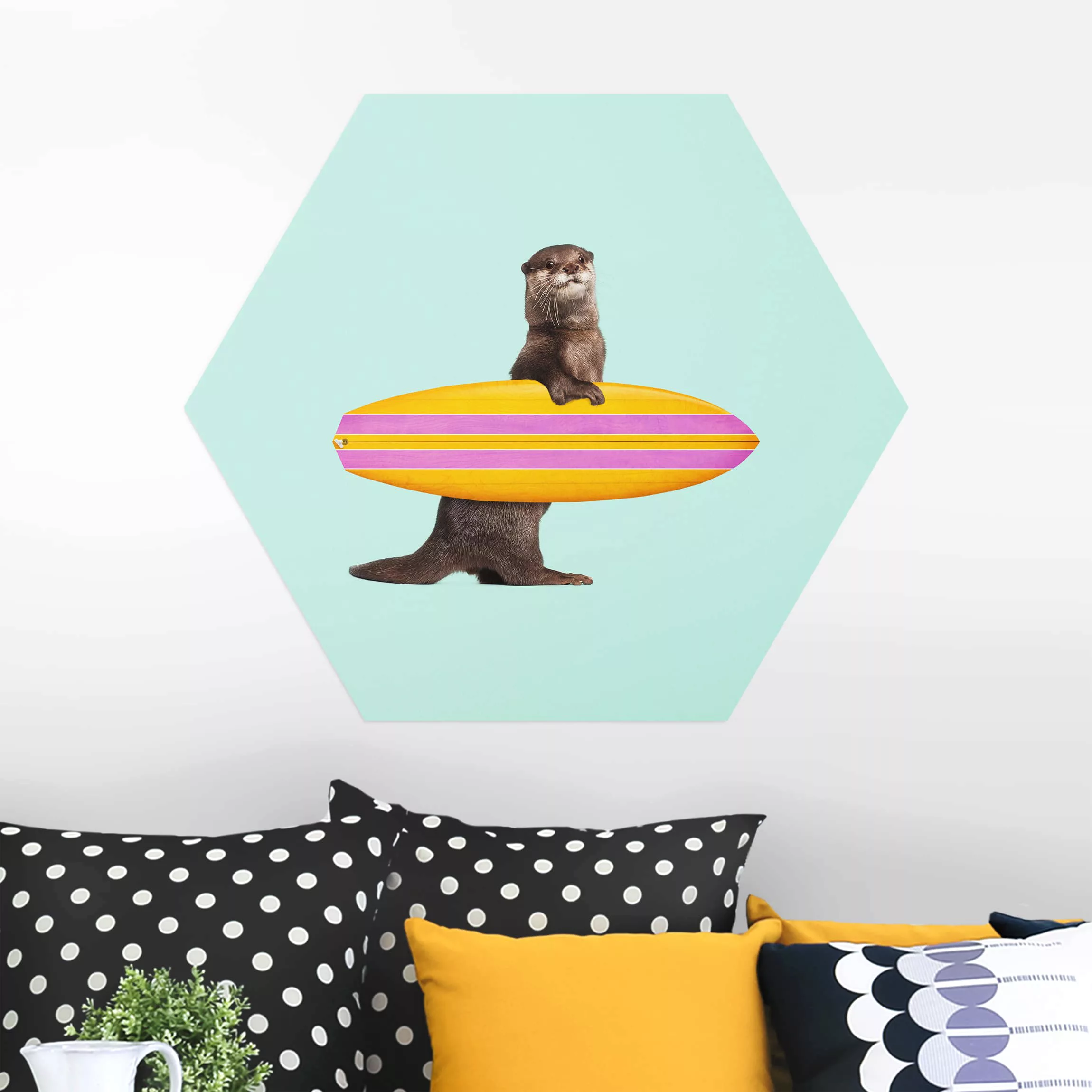 Hexagon-Alu-Dibond Bild Tiere Otter mit Surfbrett günstig online kaufen