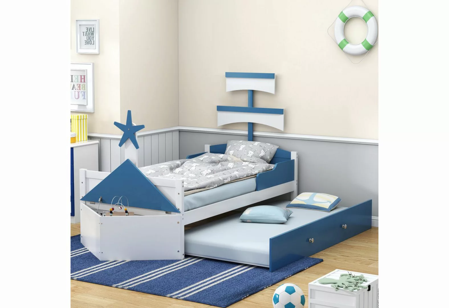 HAUSS SPLOE Kinderbett 90x200 cm Segelbootform, mit ausziehbares Bett, Stau günstig online kaufen