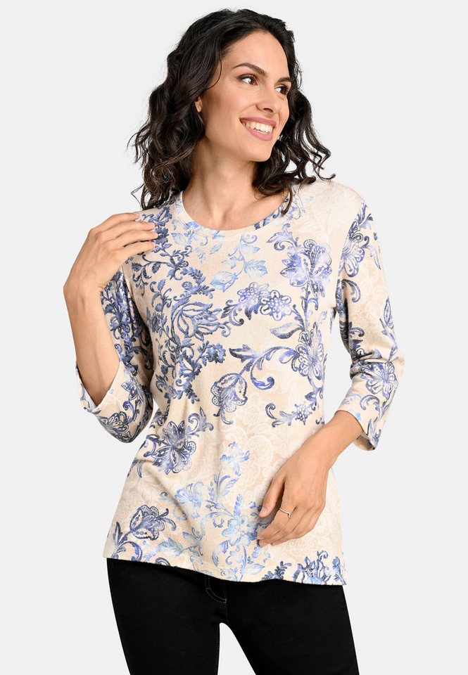 BICALLA T-Shirt Feinstrick-Shirt mit Porzellan-Print in Beige/Blau (1-tlg) günstig online kaufen