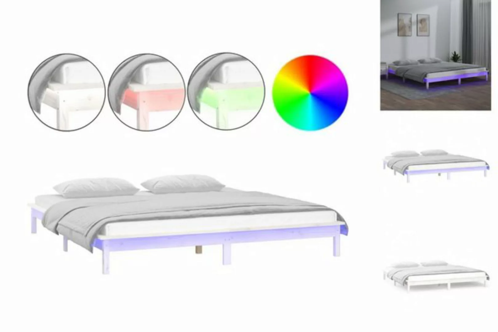 vidaXL Bettgestell Massivholzbett mit LEDs Weiß 200x200 cm Bett Bettrahmen günstig online kaufen