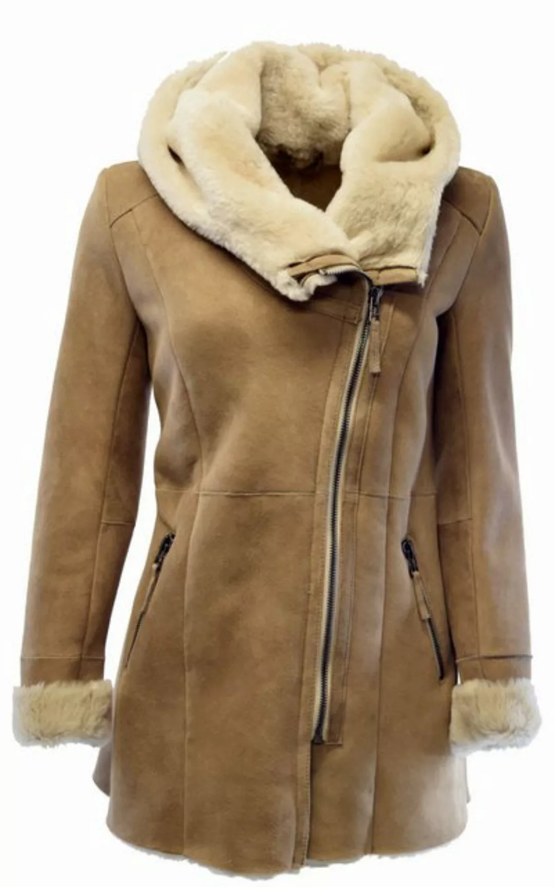 Zimmert Leather Ledermantel Olivia Damen, Lammfellmantel, Kapuze, Beige günstig online kaufen