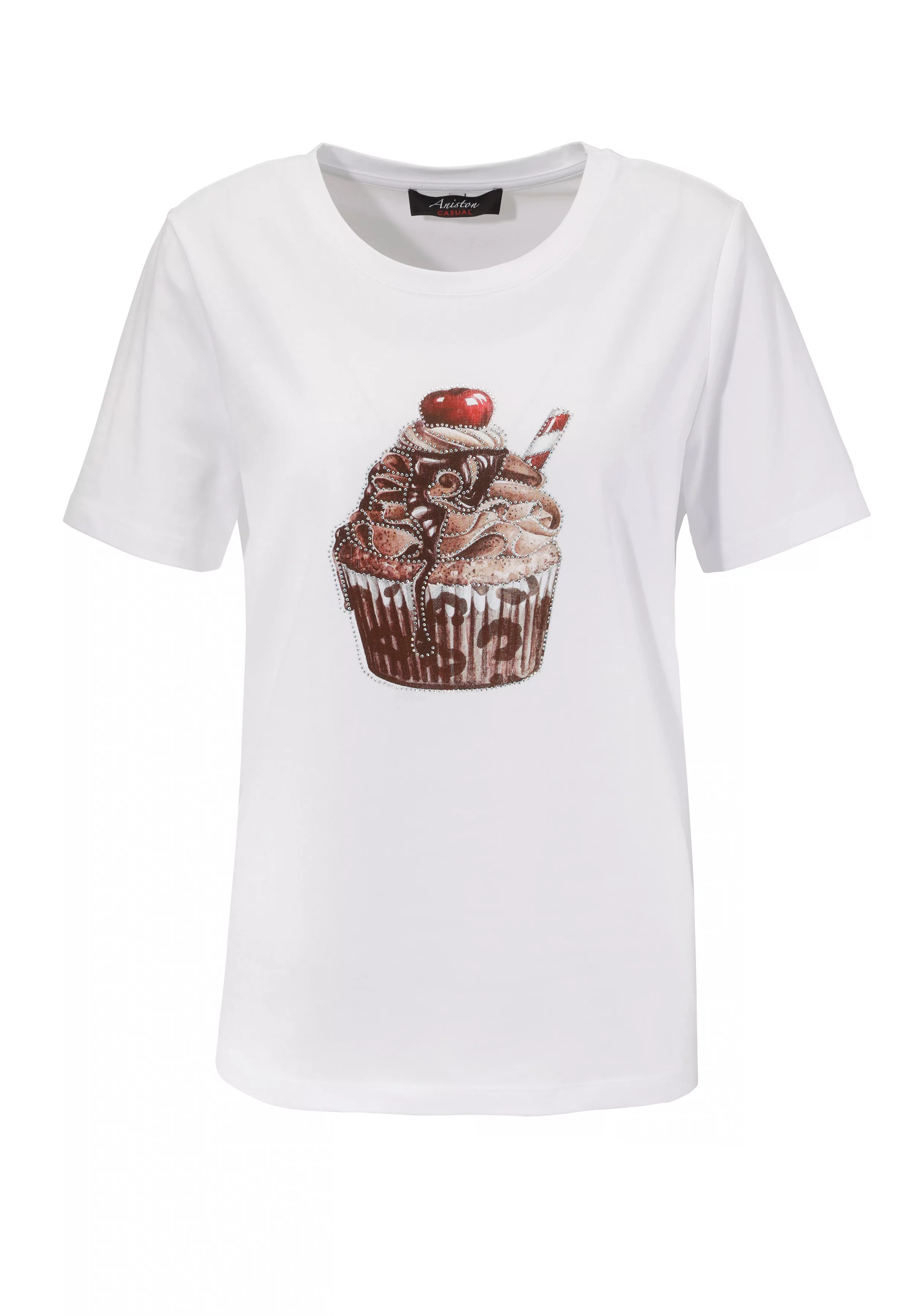 Aniston CASUAL T-Shirt, mit Glitzersteinchen verzierter Cupcake-Frontdruck günstig online kaufen