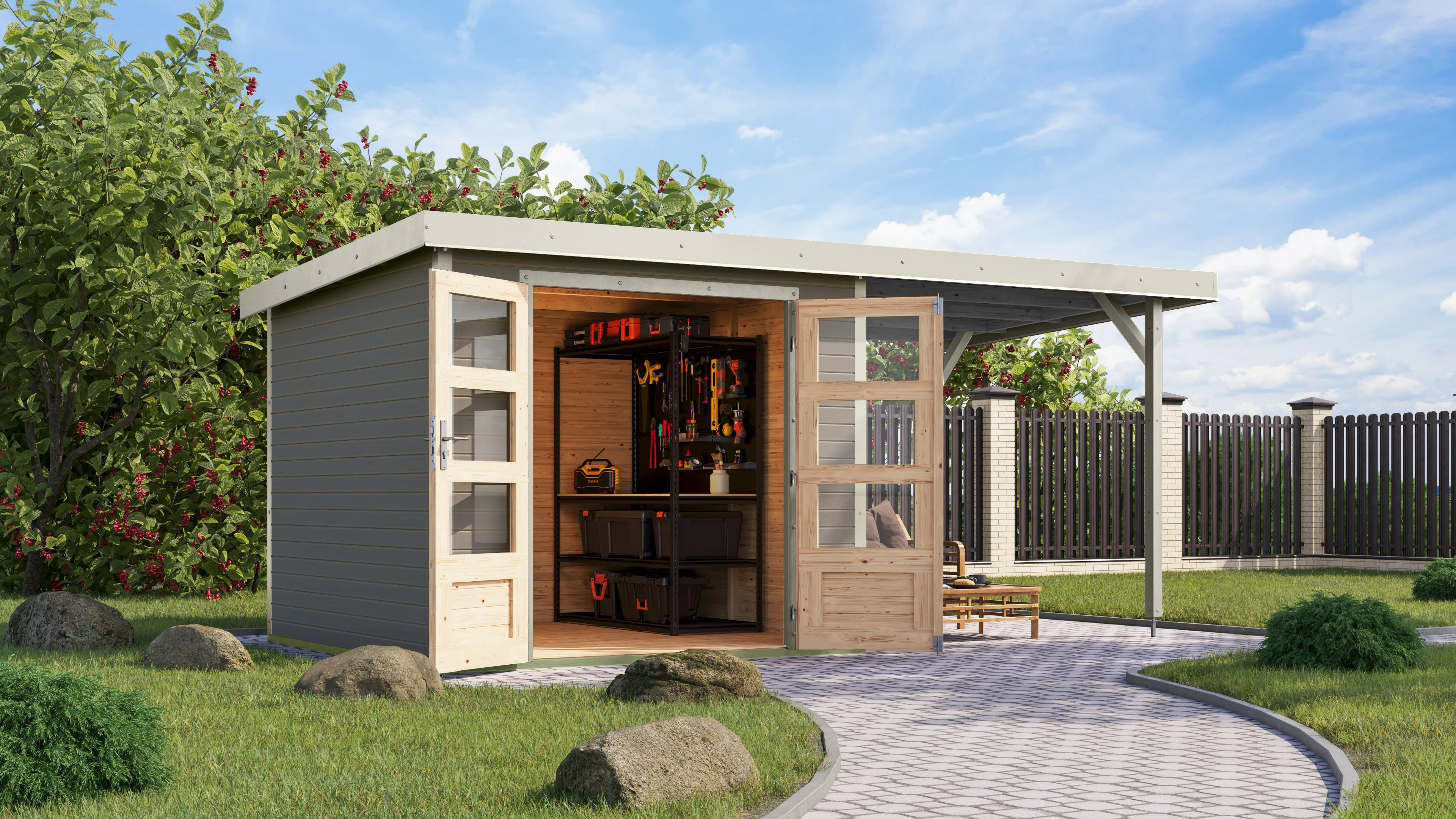 Karibu Gartenhaus ""Jupiter 3,5 D" SET wassergrau, mit Anbaudach 2,35 m bre günstig online kaufen