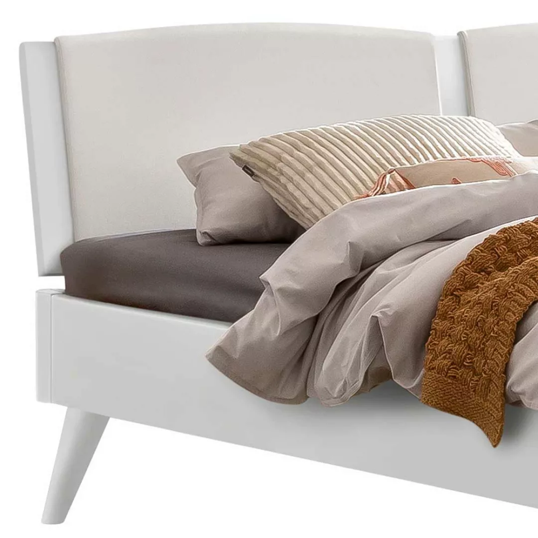 Weiß lackiertes Holzbett aus Buche Massivholz mit Polsterkopfteil günstig online kaufen