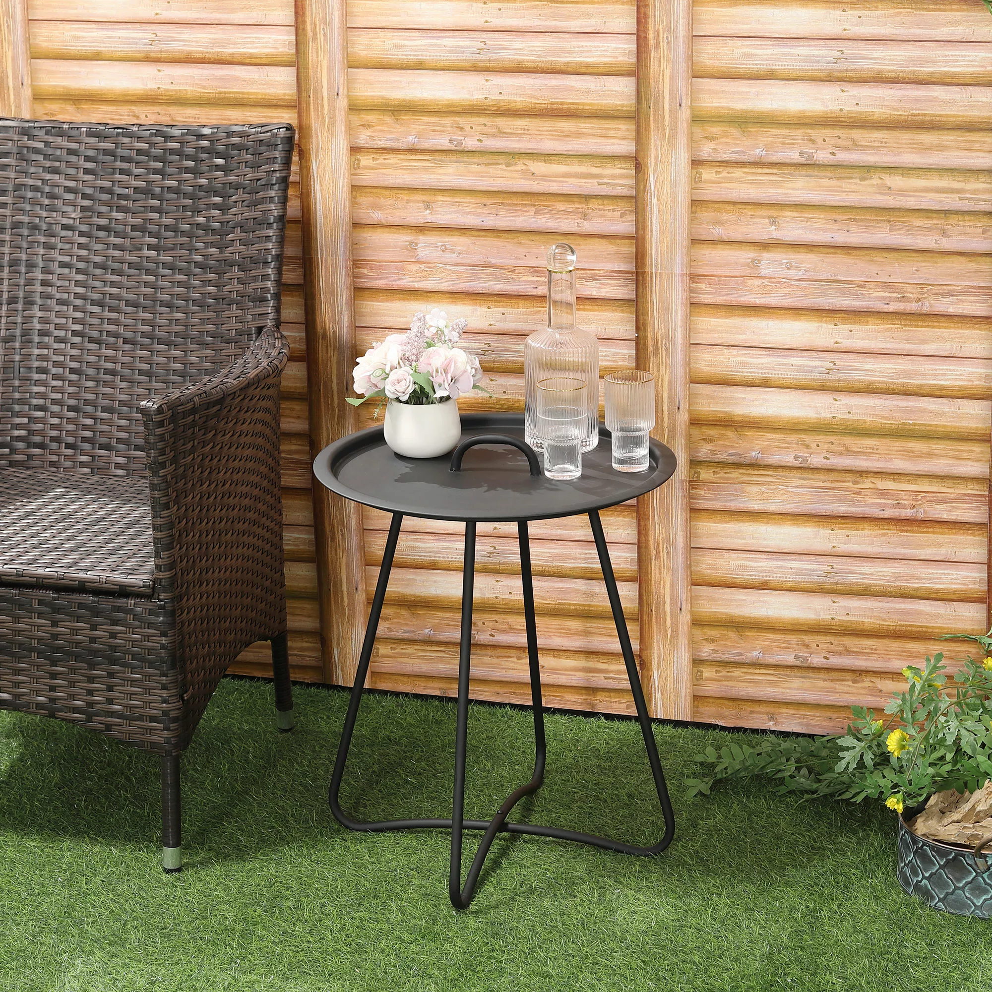 Outsunny Gartentisch, Beistelltisch mit Tragegriff, Metall, Schwarz, Ø46x56 günstig online kaufen