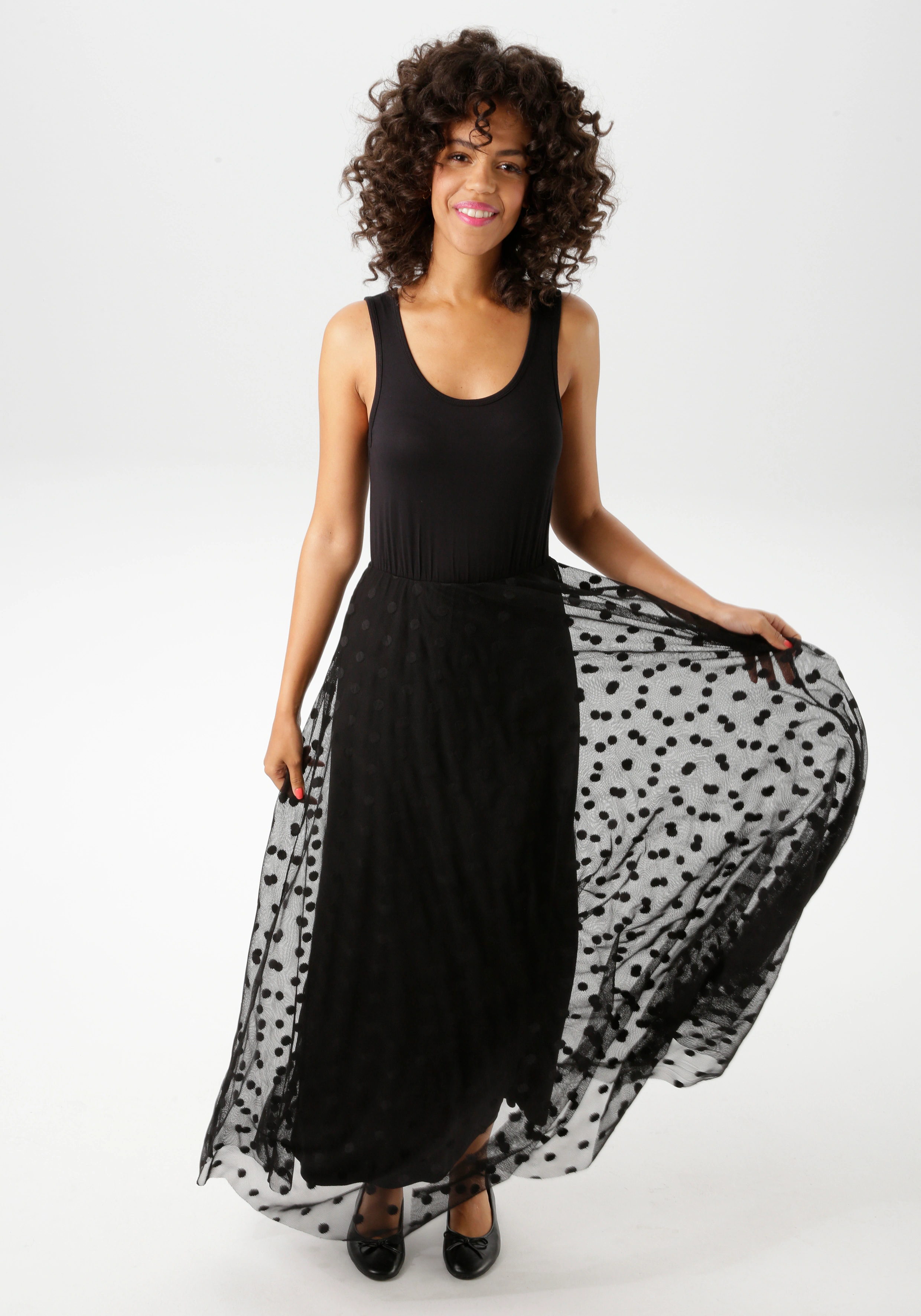 Aniston CASUAL Maxikleid, mit getupften Mesh verziertem Rockteil günstig online kaufen