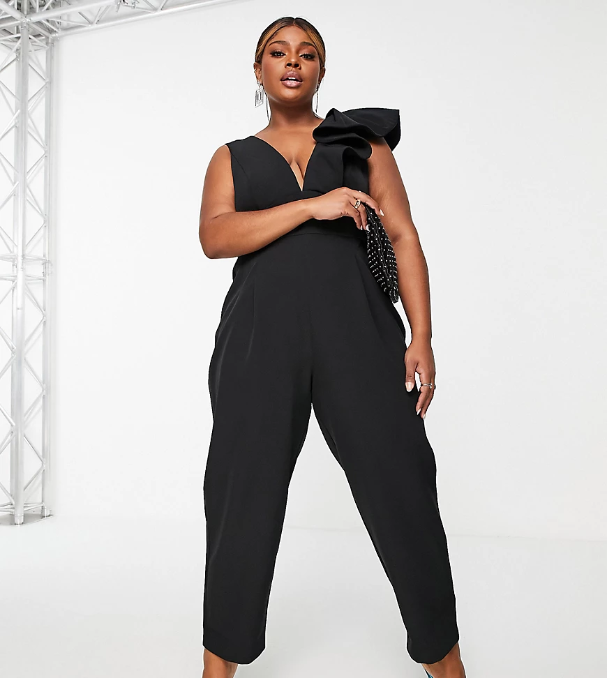 Forever New Curve – Strukturierter Jumpsuit mit Schulterrüsche in Schwarz günstig online kaufen