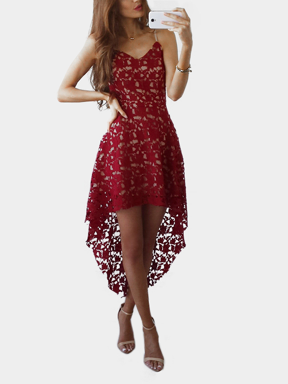 Burgunder Lace V-Ausschnitt Unregelmäßiger Saum Kleid günstig online kaufen
