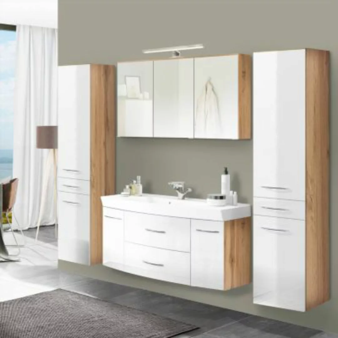 Lomadox Badezimmermöbel-Set mit 120cm Waschtisch FLORIDO-03-OAK weiß Hochgl günstig online kaufen