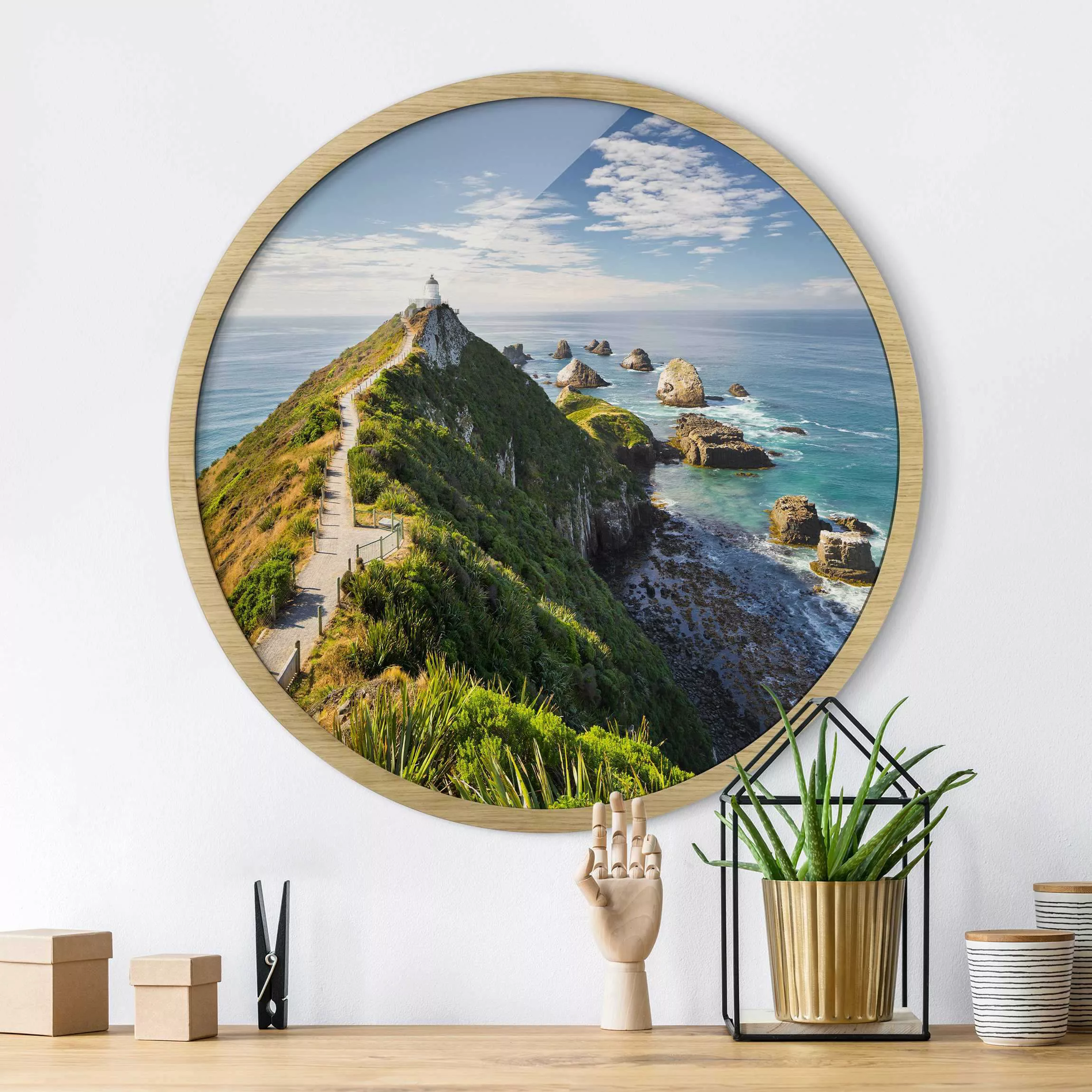 Rundes Gerahmtes Bild Nugget Point Leuchtturm und Meer Neuseeland günstig online kaufen