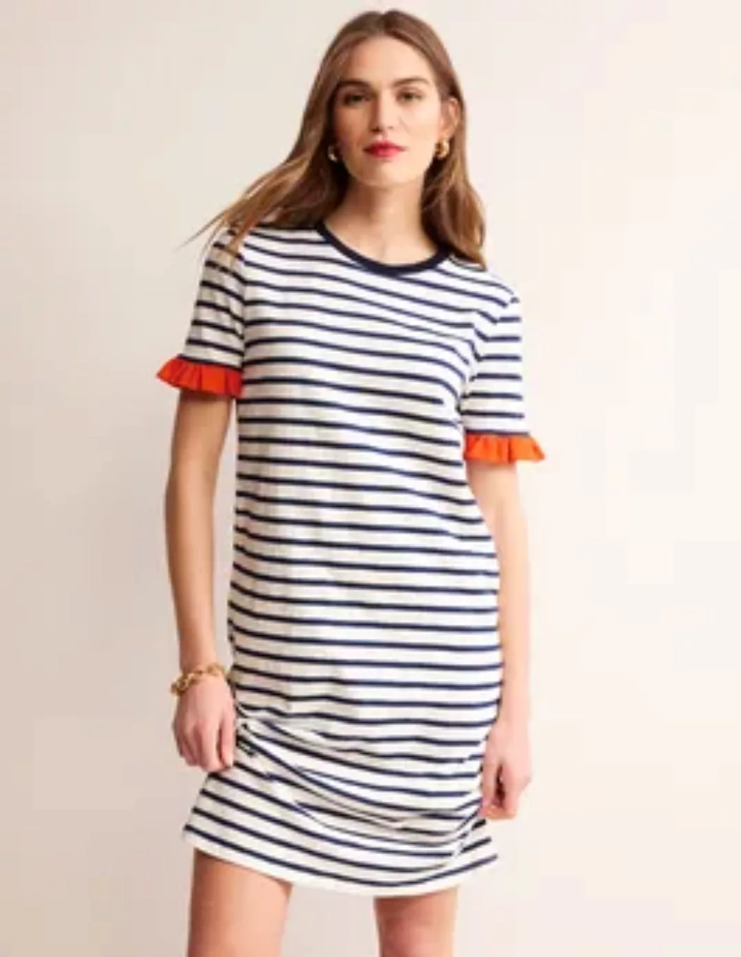 Emily Baumwollkleid mit Rüschen Damen Boden, Naturweiß, Marineblau Streifen günstig online kaufen