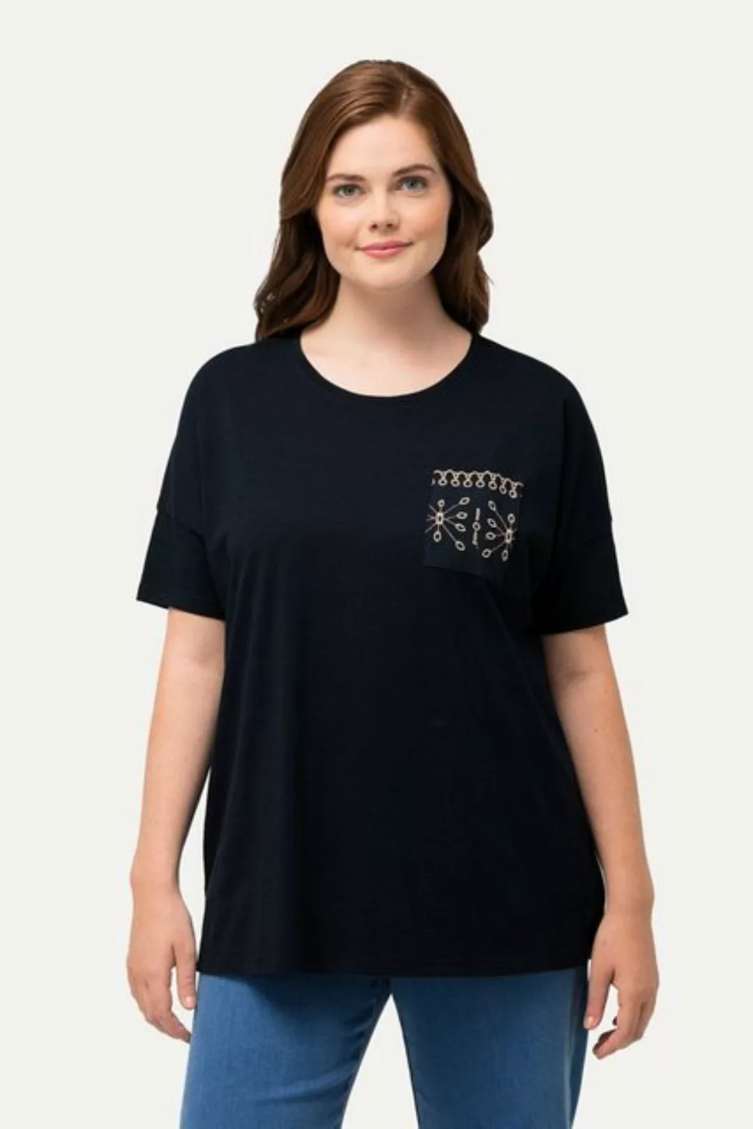 Ulla Popken Rundhalsshirt T-Shirt Spitzentasche Rundhals Halbarm günstig online kaufen