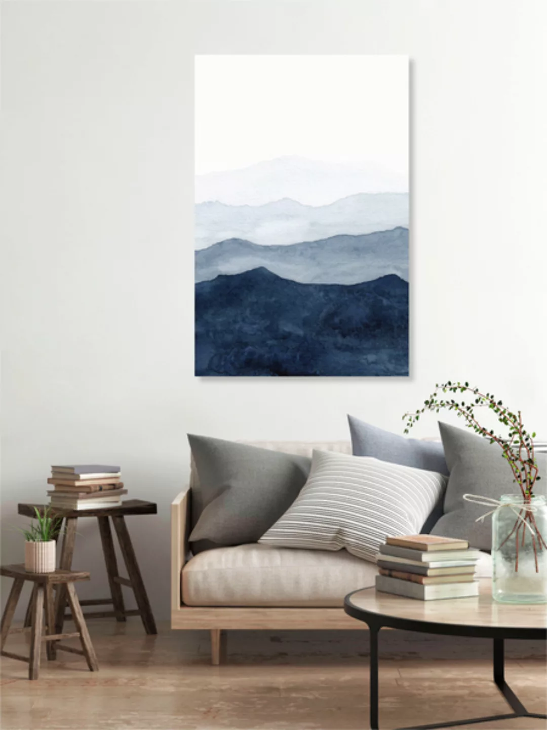 Poster / Leinwandbild - Mountains Ombre | Indigo Abstract Watercolor günstig online kaufen