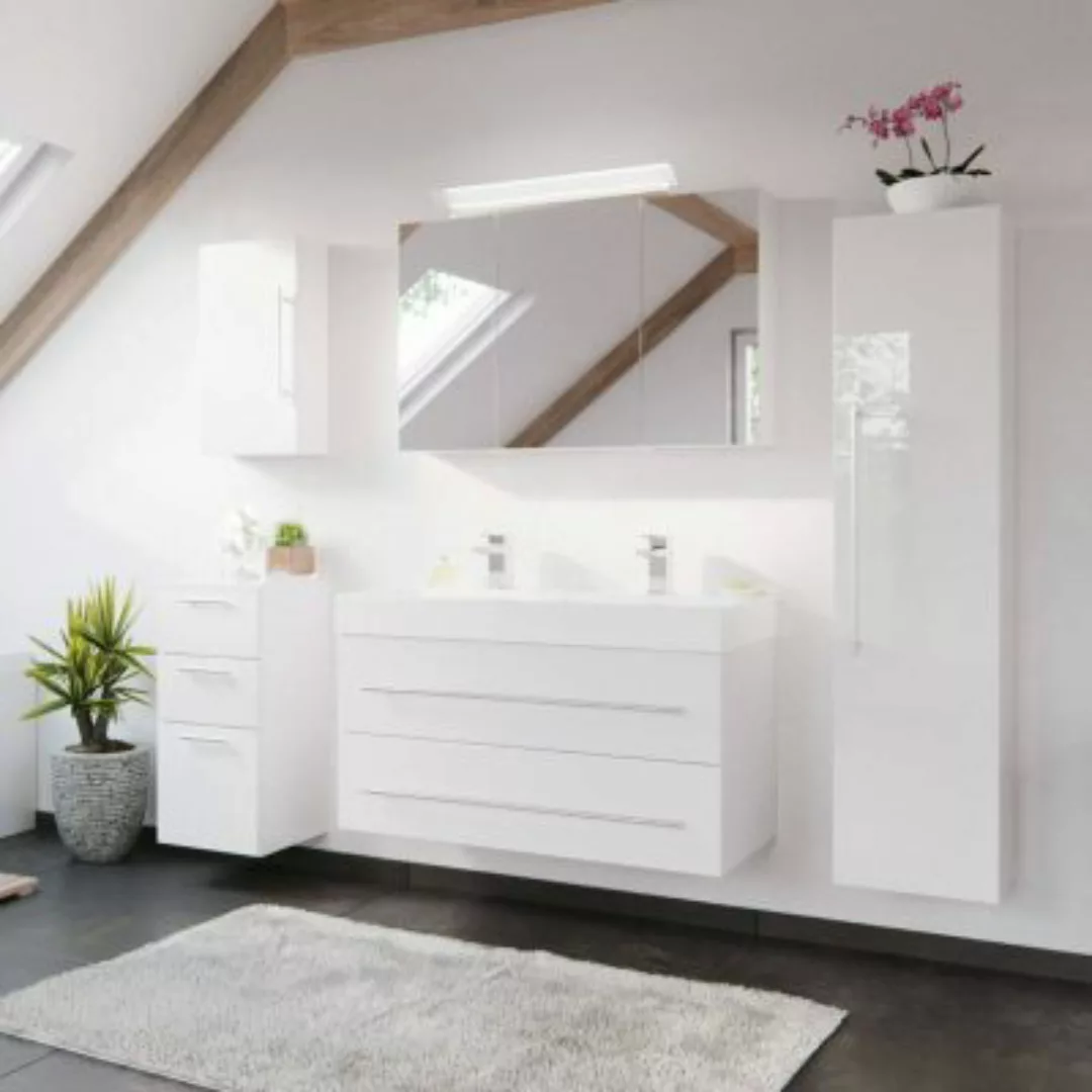 Lomadox Bad-Möbel-Set in weiß Hochglanz mit 100cm Doppel-Waschtisch LISSABO günstig online kaufen
