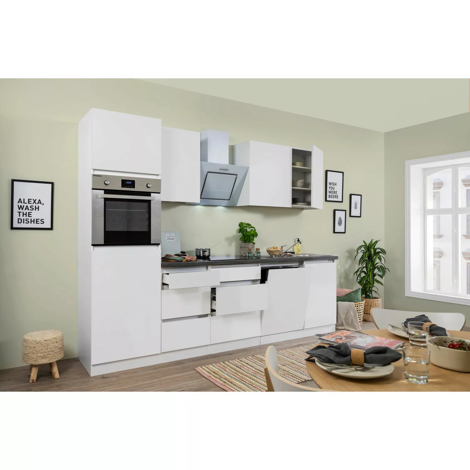 Respekta Küchenzeile GLRP280HWG 280 cm Grau Hochglanz Granit-Optik Grifflos günstig online kaufen