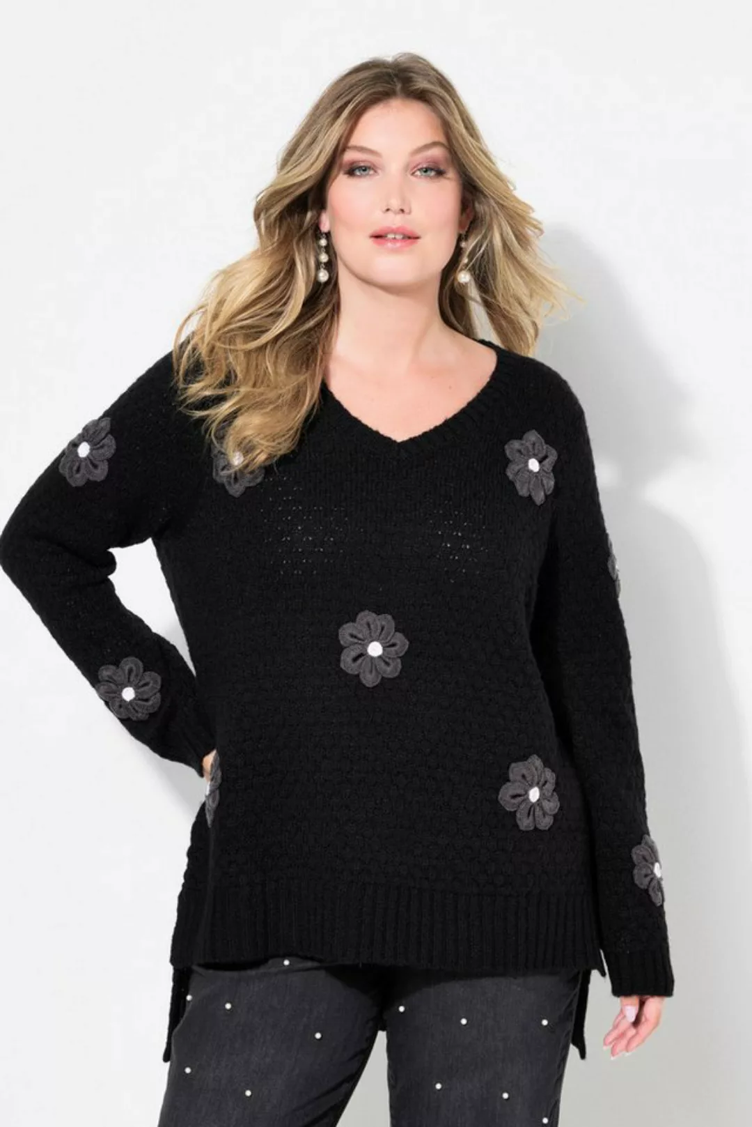 MIAMODA Strickpullover Pullover Classic Fit 3D Blüten Seitenschlitze günstig online kaufen