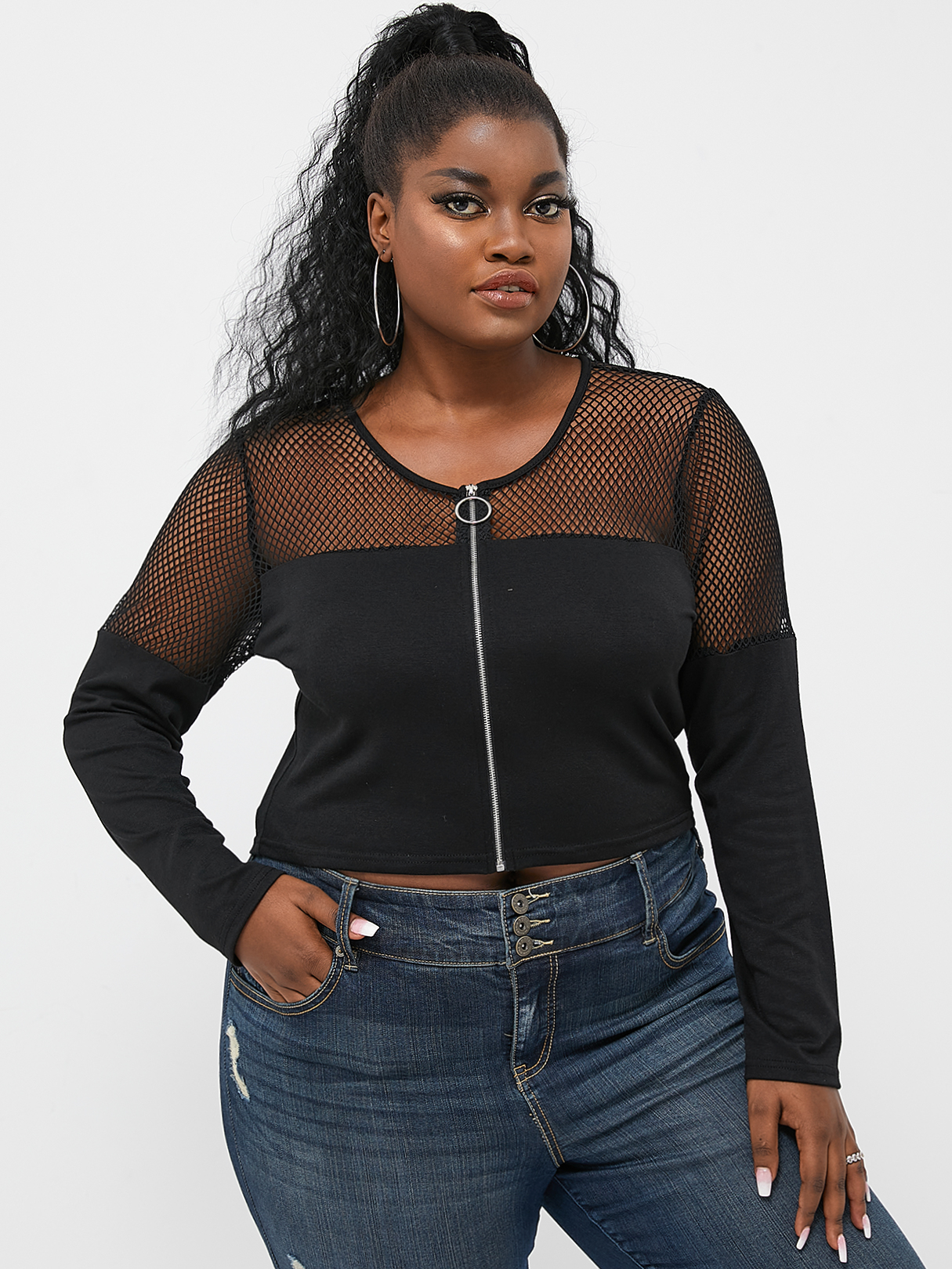 YOINS Plus Größe Rundhalsausschnitt Fishnet Zip Front Long Sleeves Bluse günstig online kaufen