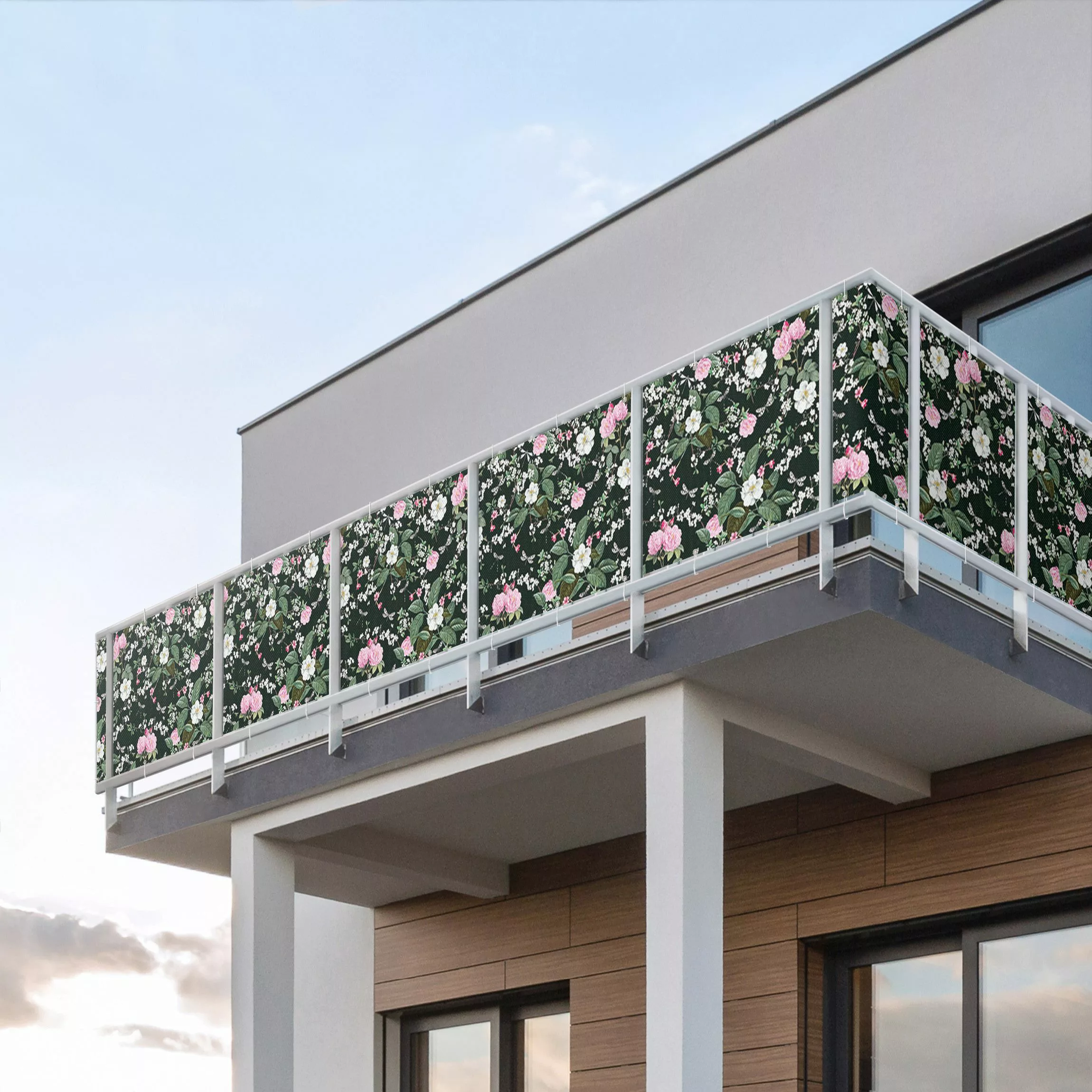 Balkon Sichtschutz Rosen und Schmetterlinge auf Dunkelgrün günstig online kaufen