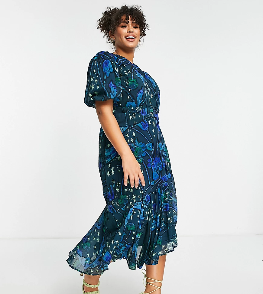 Hope & Ivy Plus – Midi-Freizeitkleid in Kobaltblau mit Puffärmeln und Stern günstig online kaufen