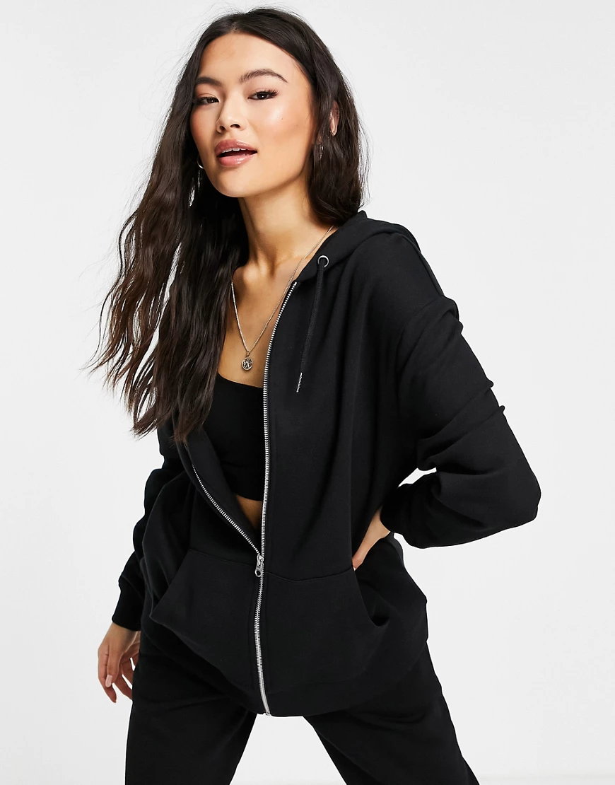 ASOS DESIGN – Oversize-Kapuzenjacke in Schwarz mit Reißverschluss günstig online kaufen