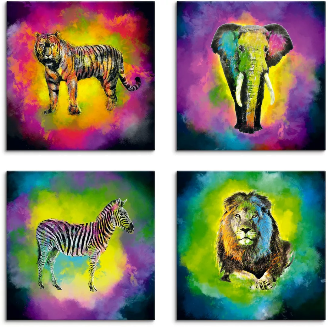 Artland Leinwandbild »Farbexplosion Elefant Löwe Zebra Tiger«, Wildtiere, ( günstig online kaufen