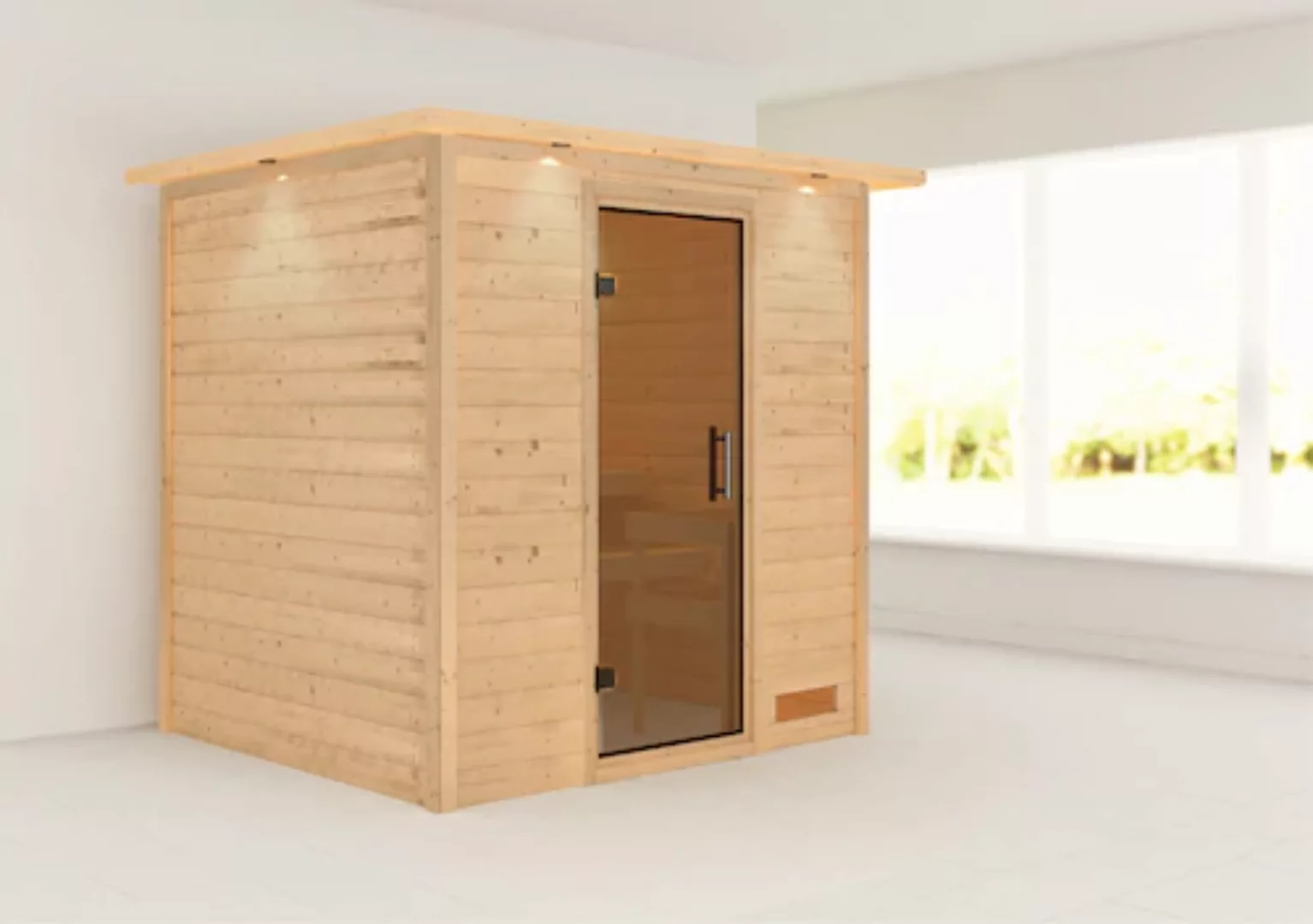 Karibu Sauna Anja mit Fronteinstieg, Holz-Glastür, Dachkranz günstig online kaufen