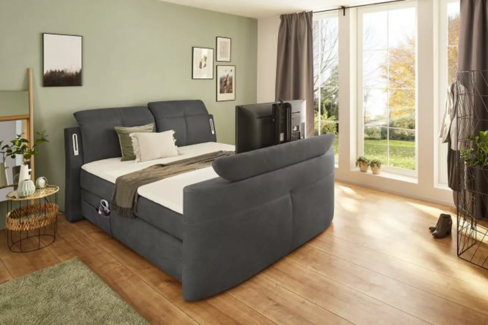 180x200 Boxspringbett inkl. TV-Halterung + LED Beleuchtung + USB-Anschluss günstig online kaufen