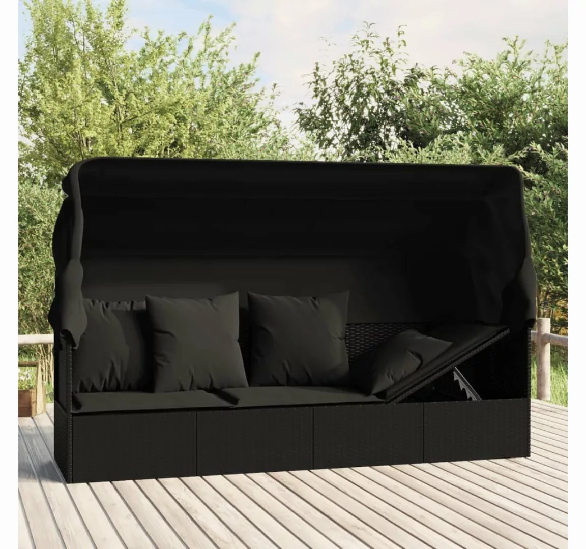 furnicato Bett Outdoor-Loungebett mit Dach und Kissen Schwarz Poly Rattan günstig online kaufen