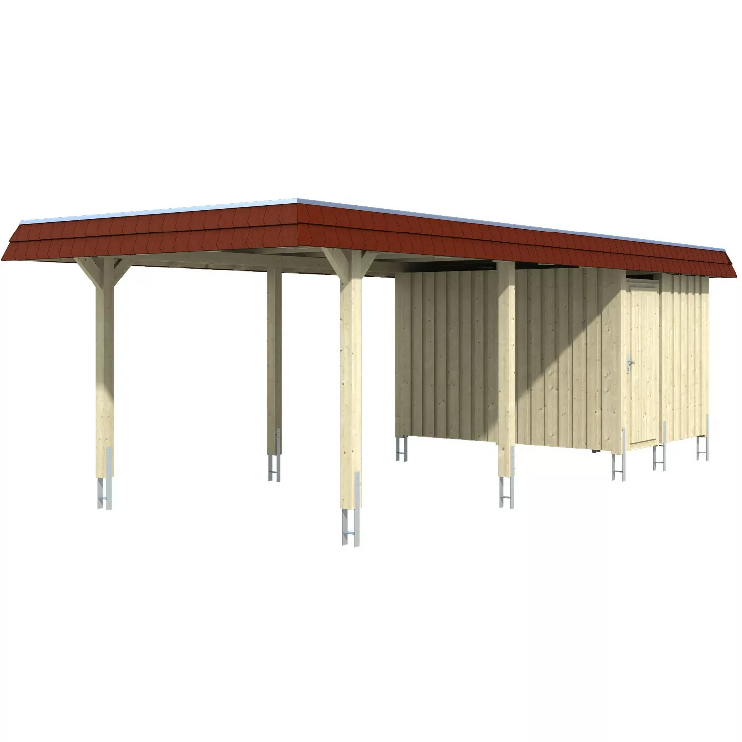 Skan Holz Carport Wendland Weiß + Anbau 362 x 870 cm Alu-Dach Blende Rot günstig online kaufen