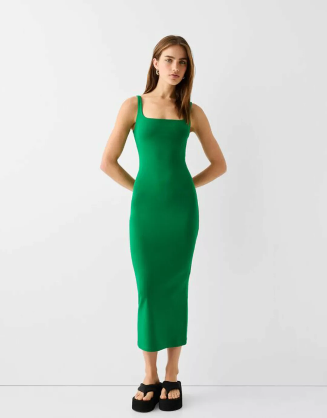 Bershka Midikleid Mit Trägern Und Kastenausschnitt Damen Xs Grün günstig online kaufen