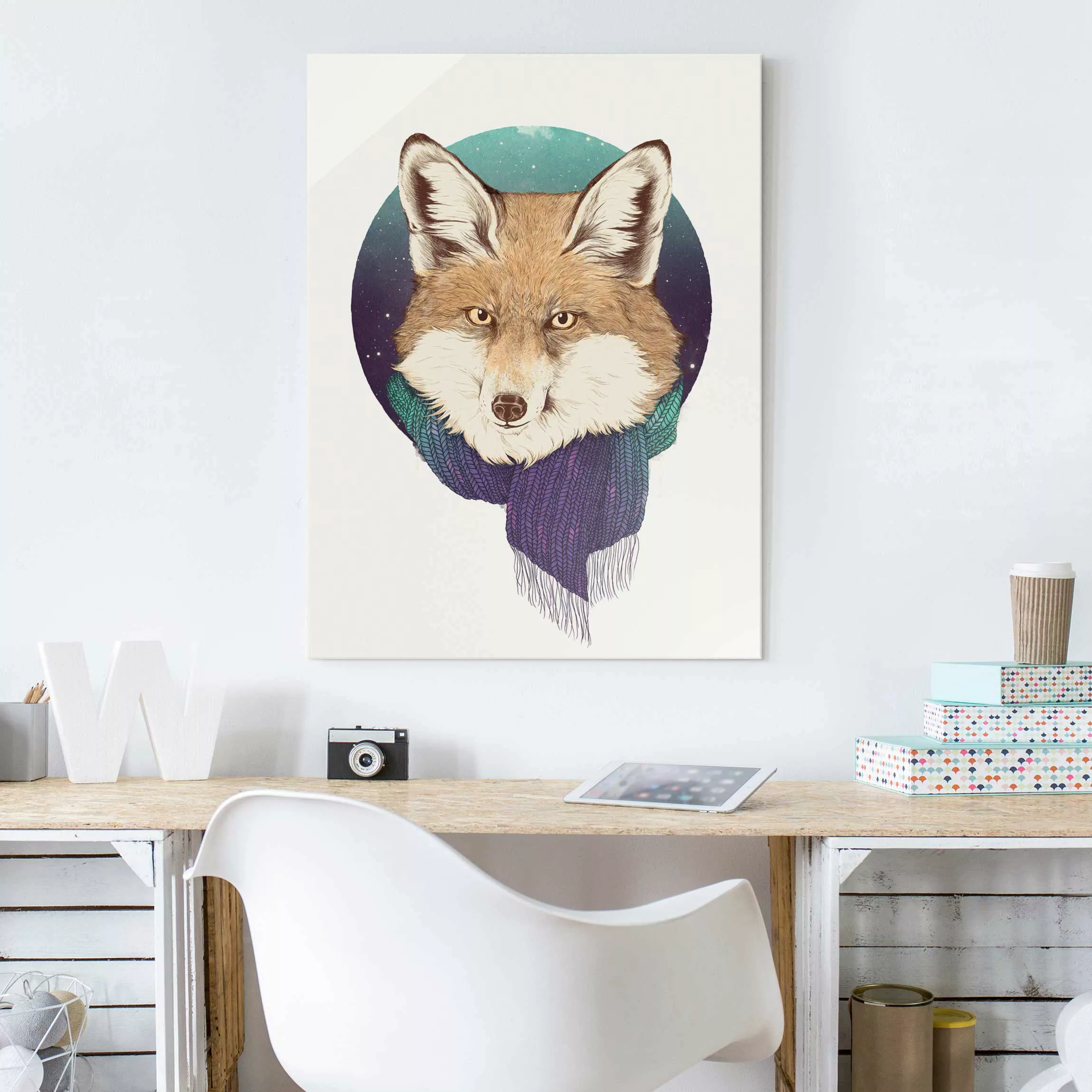 Glasbild - Hochformat Illustration Fuchs Mond Lila Türkis günstig online kaufen