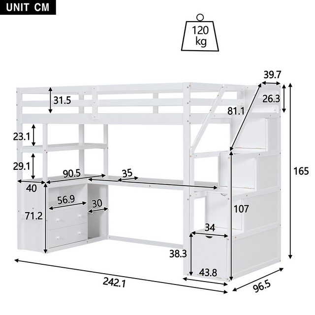 Flieks Hochbett Kinderbett Etagenbett 90x200cm mit Schreibtisch und Staurau günstig online kaufen