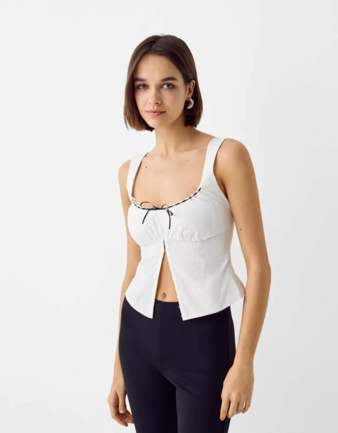 Bershka Top Aus Popelin Mit Trägern Und Spitze-Detail Damen Xs Weiss günstig online kaufen