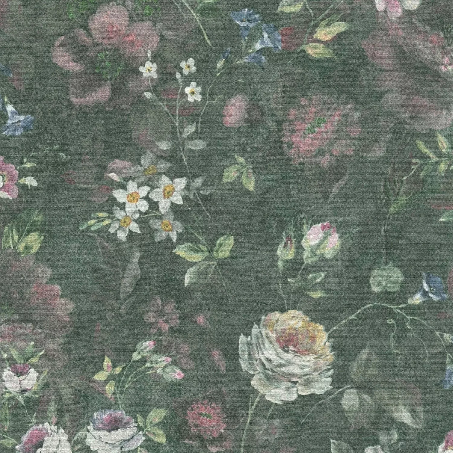 Bricoflor Tapete im Landhausstil Vintage Vlies Blumentapete Dunkelgrün Bunt günstig online kaufen