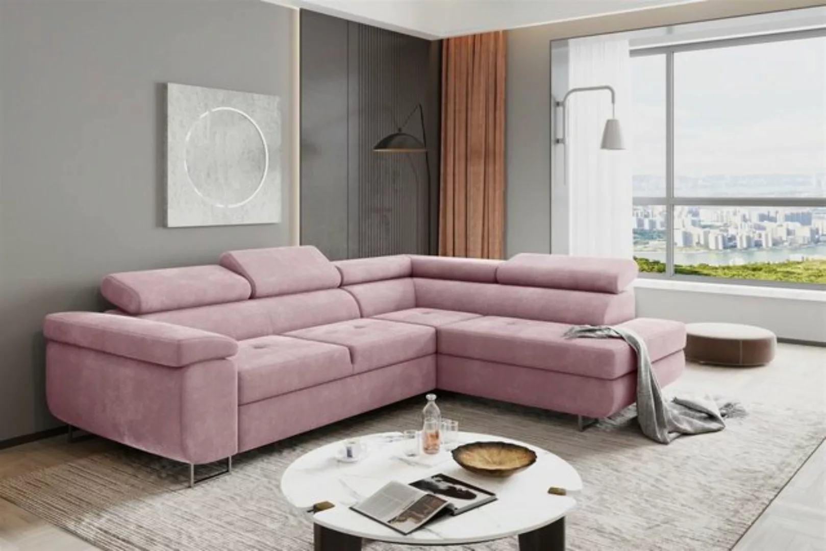 Fun Möbel Ecksofa Couchgarnitur JADE Stoff Rosa Schlaffunktion Ottomane Rec günstig online kaufen