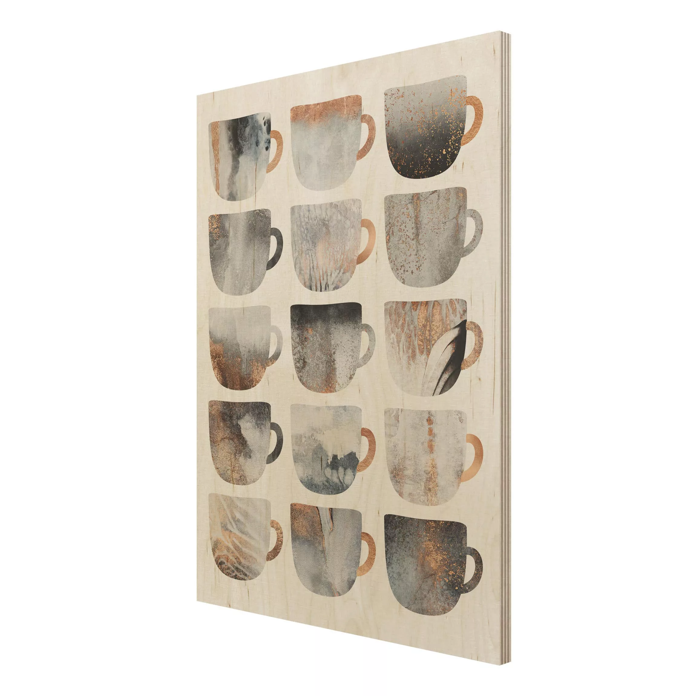 Holzbild Küche - Hochformat 3:4 Graue Kaffeetassen mit Gold günstig online kaufen