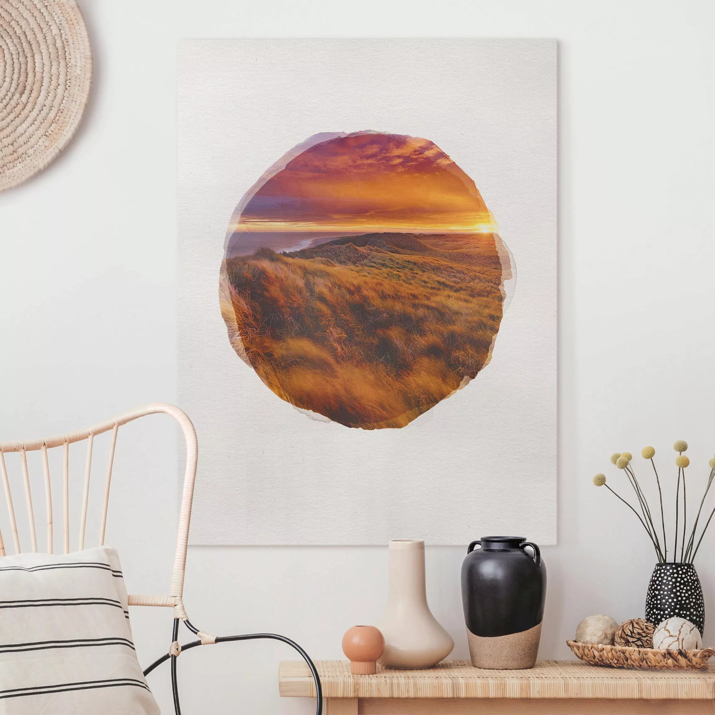 Leinwandbild Strand - Hochformat Wasserfarben - Sonnenaufgang am Strand auf günstig online kaufen