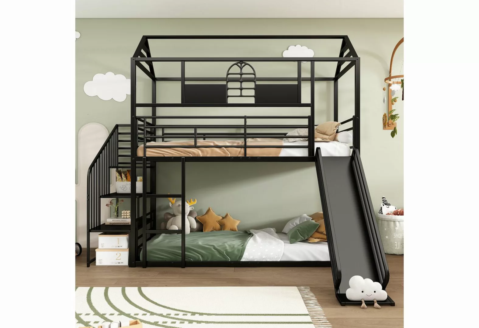 Flieks Etagenbett, Kinderbett Metallbett 90x200cm mit Dach & Fenster, Rutsc günstig online kaufen