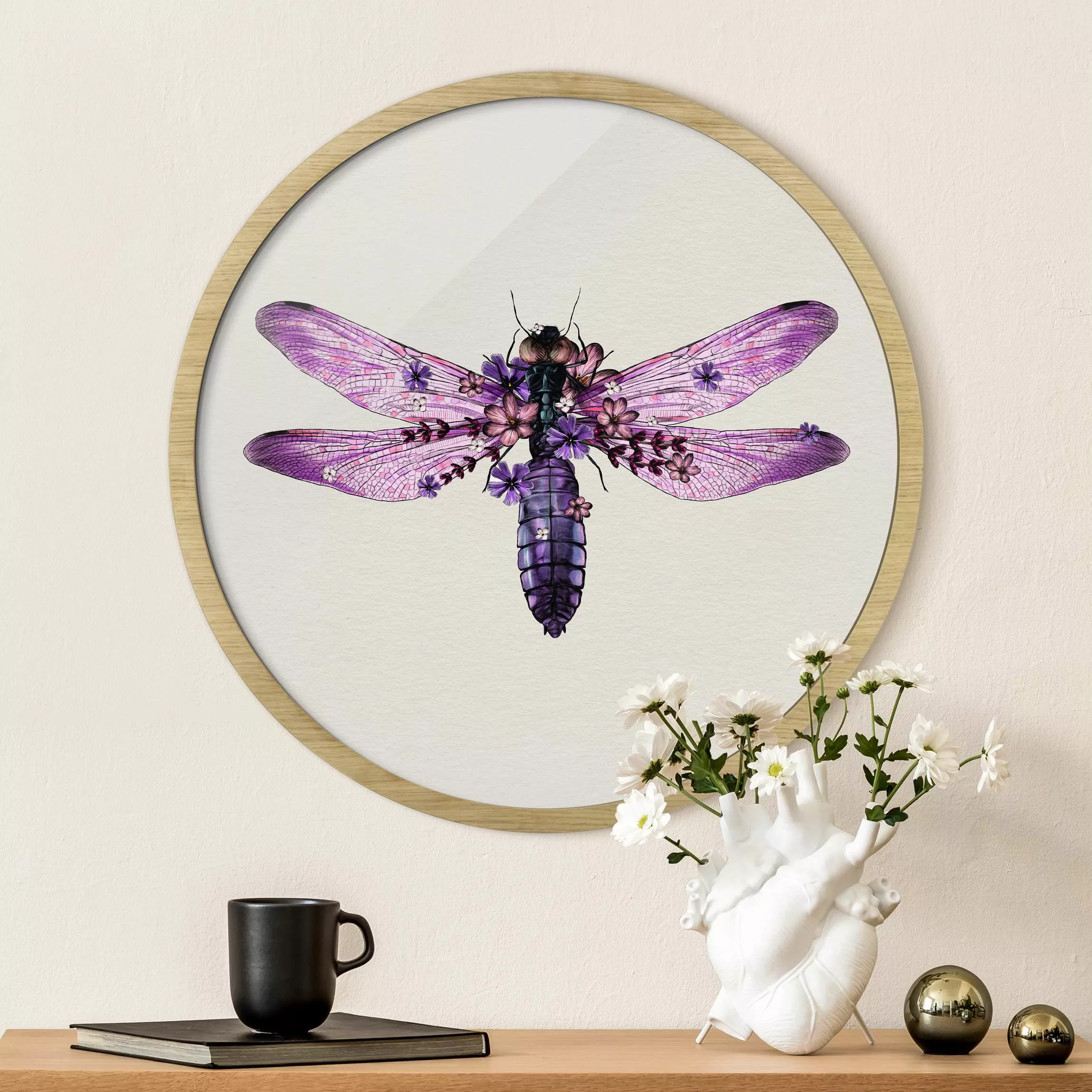 Rundes Gerahmtes Bild Illustration florale Libelle günstig online kaufen