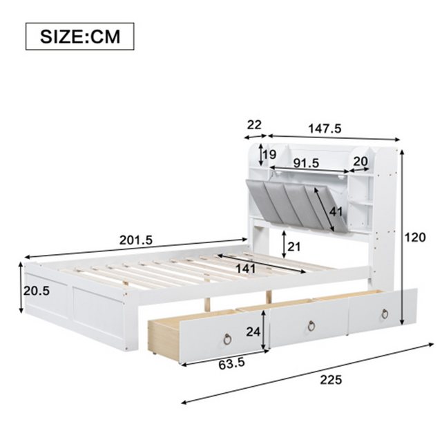 XDeer Polsterbett Doppelbett, Offenes Regal, Drei Schubladen mit Rollen, Ab günstig online kaufen