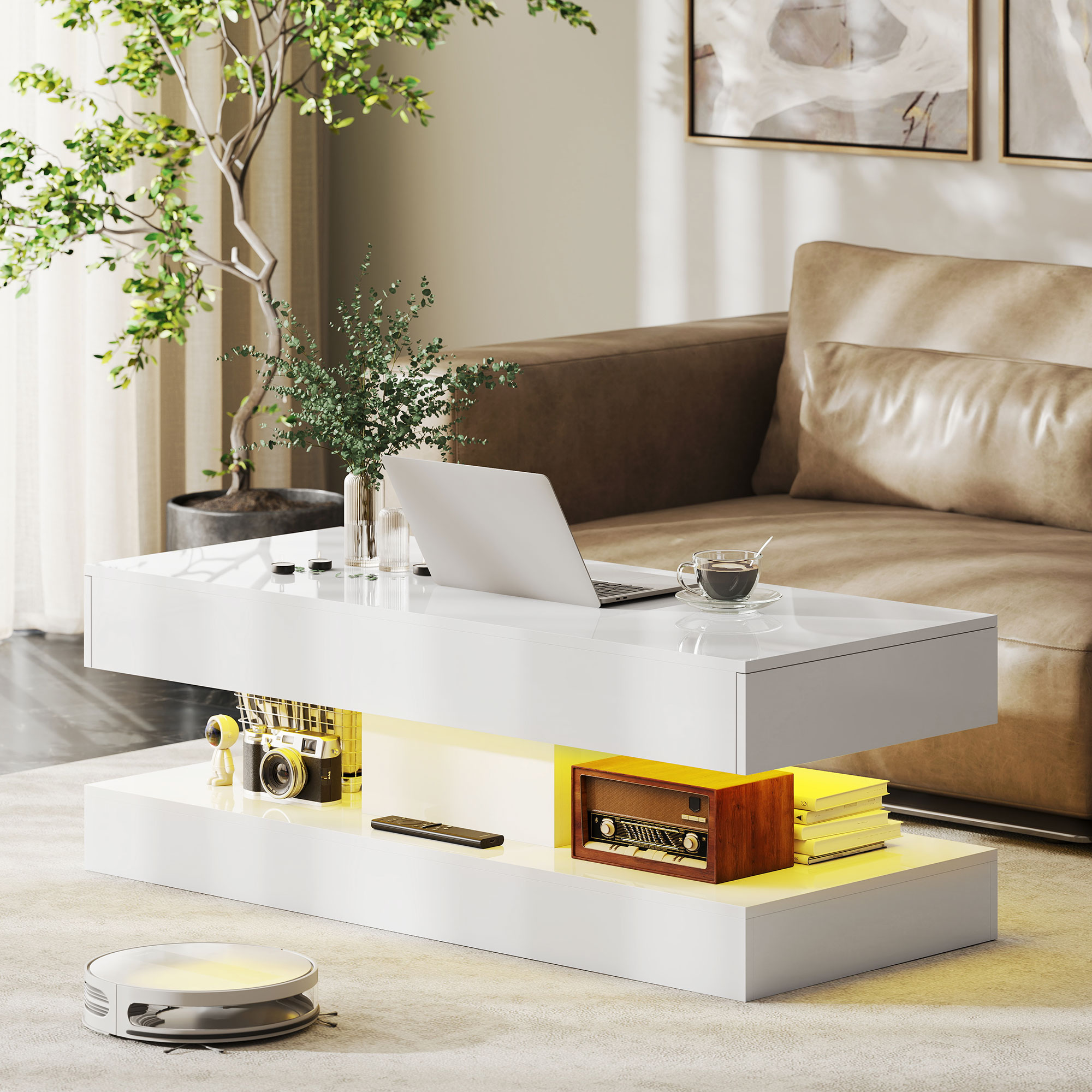 HOMCOM Couchtisch Wohnzimmertisch Hochglanz mit 12-Farbiger LED Beleuchtung günstig online kaufen