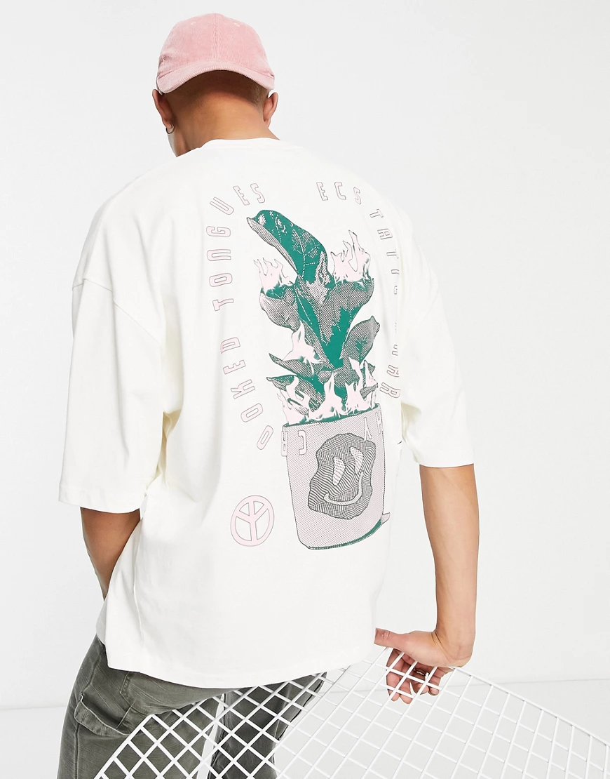 Crooked Tongues – Oversize-T-Shirt in Ecru mit Brennende-Pflanze-Print-Neut günstig online kaufen