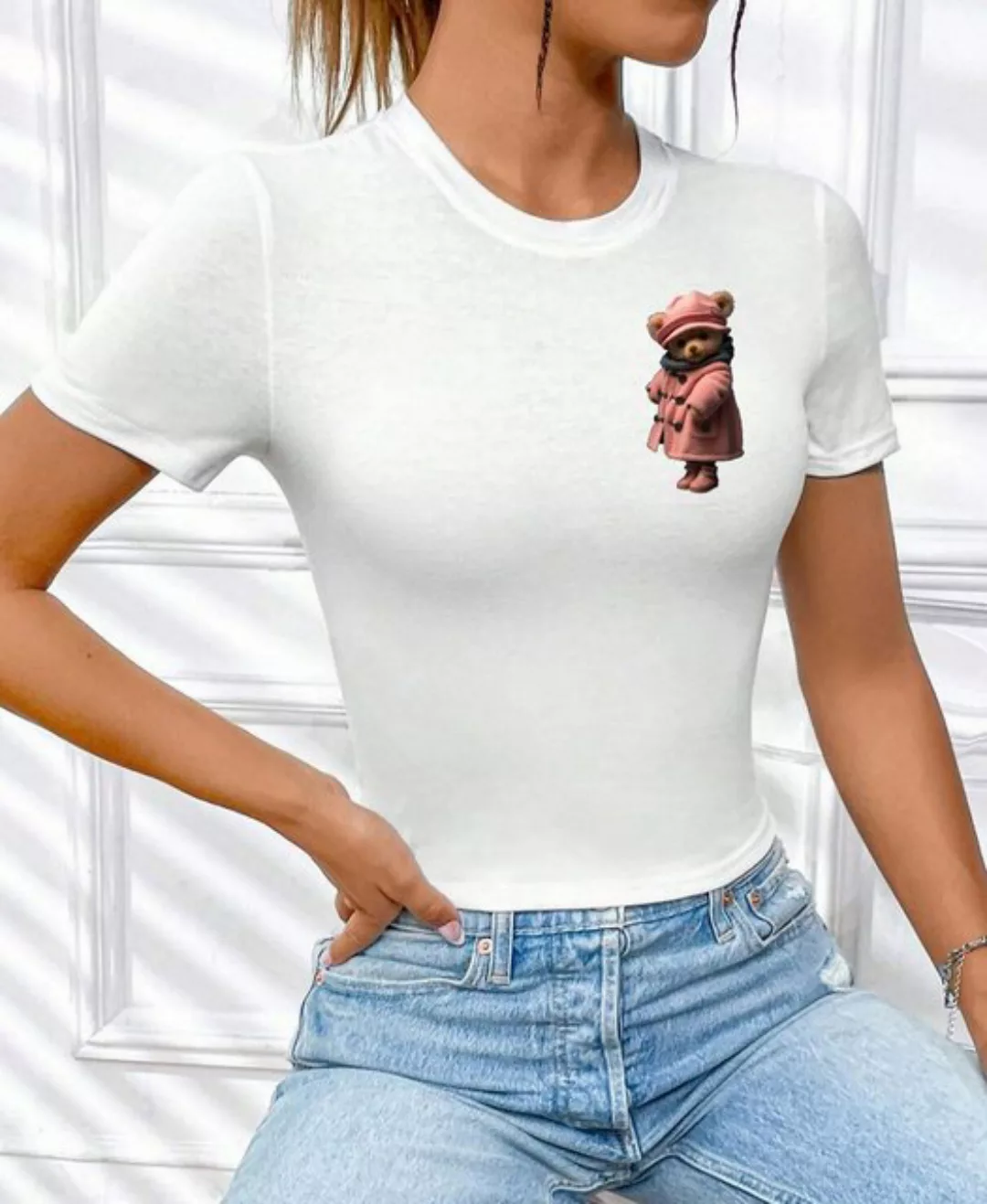 RMK Kurzarmshirt Damen T-Shirt kurzarm Top Sommer Rundhals süßer Teddybär B günstig online kaufen